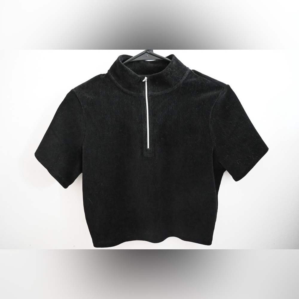 Black Half-Zip Corduroy Short Sleeve Top Alo